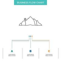 colina. paisagem. natureza. montanha. projeto de fluxograma de negócios de cena com 3 etapas. ícone de linha para modelo de plano de fundo de apresentação lugar para texto vetor