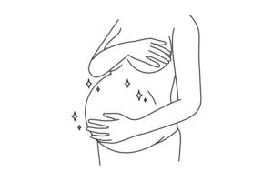 close-up de mulher nua tocando a barriga de grávida pronta para futura maternidade. fêmea animada com a gravidez. maternidade e ser mãe. ilustração vetorial. vetor