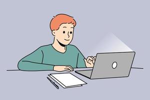 menino feliz sente-se na mesa estudando on-line no computador. criança sorridente usa laptop tendo aula remota em casa. educação distante. ilustração vetorial. vetor