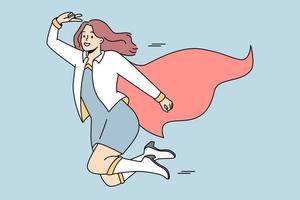 empresária sorridente em traje de super-herói voando no céu. mulher feliz vestida de super-herói se sente motivada e bem-sucedida com a realização de negócios. ilustração vetorial. vetor