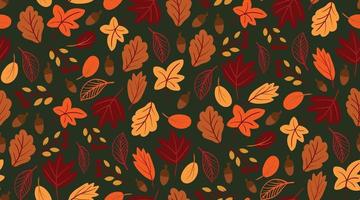 sem costura padrão com folhas de outono desenhadas à mão em estilo simples e plano sobre fundo verde escuro. ilustração vetorial de folhagem bonitinha. outono design de cenário escuro sazonal, ação de graças, venda de outono.