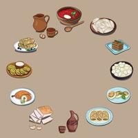 conjunto de 12 pratos mais populares da cozinha nacional ucraniana em um banner quadrado bege, vetor plano