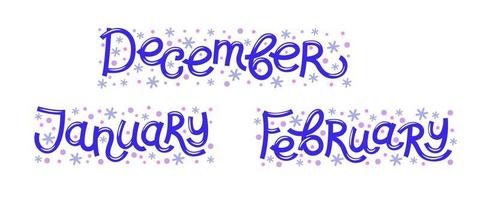 vetor definido com flocos de neve palavras meses de inverno - dezembro, janeiro, fevereiro.