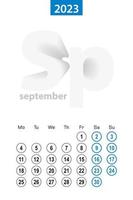 calendário para setembro de 2023, design de círculo azul. idioma inglês, a semana começa na segunda-feira. vetor