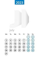 calendário para julho de 2023, design de círculo azul. idioma inglês, a semana começa na segunda-feira. vetor