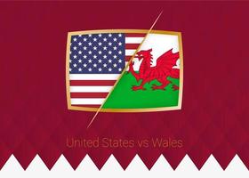 estados unidos vs gales, ícone da fase de grupos da competição de futebol em fundo cor de vinho. vetor