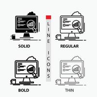 analítica. quadro. apresentação. computador portátil. ícone de estatísticas em fino. regular. linha em negrito e estilo de glifo. ilustração vetorial vetor