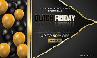 fundo de luxo dourado banner de promoção de venda especial de sexta-feira negra com balões e decoração de papel rasgado realista. vetor