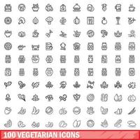 conjunto de 100 ícones vegetarianos, estilo de contorno vetor