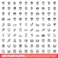 conjunto de 100 ícones de plantas, estilo de contorno vetor