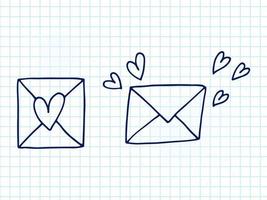 conjunto de elementos de doodle bonitos desenhados à mão sobre o amor. adesivos de mensagem para aplicativos. ícones para dia dos namorados, eventos românticos e casamento. um caderno quadriculado. envelopes com cartas de amor e asas. vetor
