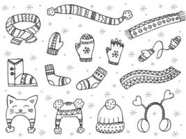 um conjunto de roupas de inverno desenhadas à mão. ilustração vetorial em estilo doodle. clima de inverno. olá 2023. feliz natal e feliz ano novo. elementos pretos e cinzas em um fundo branco vetor