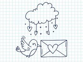conjunto de elementos de doodle bonitos desenhados à mão sobre o amor. adesivos de mensagem para aplicativos. ícones para dia dos namorados, eventos românticos e casamento. caderno xadrez. um pássaro com envelope e carta de amor na nuvem. vetor