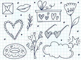 grande conjunto de elementos bonitos de doodle desenhados à mão sobre o amor. adesivos de mensagem para aplicativos. ícones para dia dos namorados, eventos românticos e casamento. um caderno quadriculado. vetor