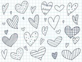 grande conjunto de elementos bonitos de doodle desenhados à mão sobre o amor. adesivos de mensagem para aplicativos. ícones para dia dos namorados, eventos românticos e casamento. um caderno quadriculado. corações com listras e textura. vetor