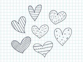grande conjunto de elementos bonitos de doodle desenhados à mão sobre o amor. adesivos de mensagem para aplicativos. ícones para dia dos namorados, eventos românticos e casamento. um caderno quadriculado. corações com listras e textura. vetor