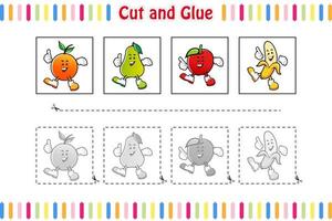 jogo de corte e colagem para crianças, educação, desenvolvimento, planilha, página de atividade colorida. personagem de desenho animado de frutas vetor