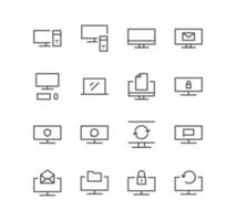 conjunto de ícones de monitor e tecnologia, tela, negócios, laptop, computador, correio, atualização, pasta e vetores de variedade linear.