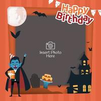 quadro de fundo de feliz aniversário com ilustração de Drácula e casa assombrada