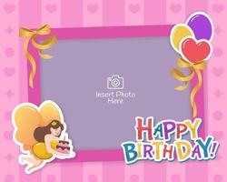 moldura decorativa de aniversário com balões, fitas e ilustração de personagem de fada vetor