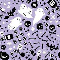 padrão mágico de halloween roxo pastel com fantasmas, morcegos, crânios, ossos, garrafas de poção, aranhas, estrelas e milho doce. vetor