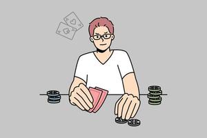 jovem jogando pôquer. jogador masculino envolvido em jogos de azar gosta de jogo de cartas na mesa. ilustração vetorial. vetor