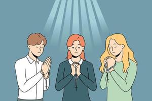 pessoas com rosário rezando para ir pedindo boa sorte. crentes religiosos supersticiosos mostram fé e crença. religião e oração. ilustração vetorial. vetor