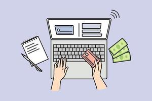 closeup de pessoa fazendo compras on-line no laptop pagando com cartão de crédito. cliente faz o pagamento pela internet no computador. conceito de banco na web. ilustração vetorial. vetor