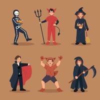 crianças em trajes de halloween. esqueleto, diabo, bruxa, Drácula, lobisomem, ilustração de personagem Ceifador vetor