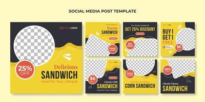 modelo de postagem de mídia social de sanduíche delicioso. banner quadrado de comida para restaurante de fast food vetor