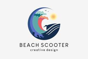 design de logotipo de scooter de praia ou mar combinado com ondas em círculos vetor