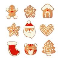 conjunto de biscoitos fofos de natal de gengibre. personagens de biscoito para design de ano novo. ilustração vetorial dos desenhos animados. vetor