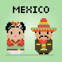 pixels masculinos e femininos de 8 bits. casais vestindo uniformes mexicanos para padrão de ponto cruz em ilustração vetorial. vetor