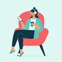 uma jovem se senta em uma cadeira em casa com uma xícara de chá e ouve um podcast com fones de ouvido, uma mulher ouve música, meditação. ilustração vetorial em um estilo simples. vetor