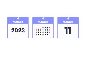 ícone de design de calendário de 11 de março. calendário de 2023, compromisso, conceito de data importante vetor