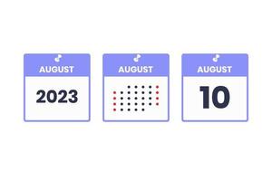 ícone de design de calendário de 10 de agosto. calendário de 2023, compromisso, conceito de data importante vetor