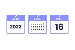 ícone de design de calendário de 16 de abril. calendário de 2023, compromisso, conceito de data importante vetor