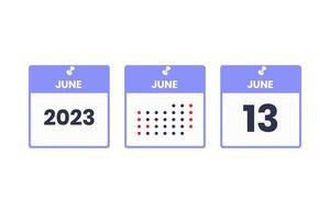 ícone de design de calendário de 13 de junho. calendário de 2023, compromisso, conceito de data importante vetor