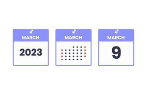 ícone de design de calendário de 9 de março. calendário de 2023, compromisso, conceito de data importante vetor