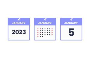 ícone de design de calendário de 5 de janeiro. calendário de 2023, compromisso, conceito de data importante vetor