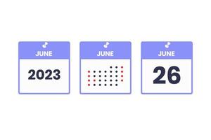 ícone de design de calendário de 26 de junho. calendário de 2023, compromisso, conceito de data importante vetor