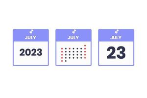 ícone de design de calendário de 23 de julho. calendário de 2023, compromisso, conceito de data importante vetor