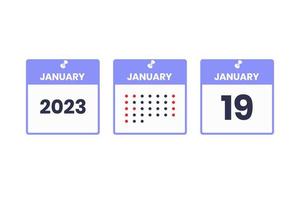 ícone de design de calendário de 19 de janeiro. calendário de 2023, compromisso, conceito de data importante vetor