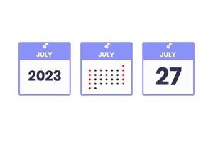 ícone de design de calendário de 27 de julho. calendário de 2023, compromisso, conceito de data importante vetor