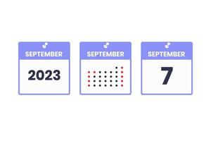 ícone de design de calendário de 7 de setembro. calendário de 2023, compromisso, conceito de data importante vetor
