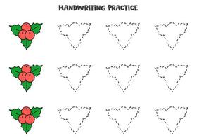linhas de rastreamento para crianças. azevinho de natal desenhado à mão. prática da escrita. vetor