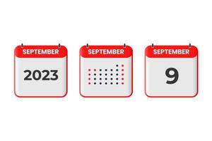 ícone de design de calendário de 9 de setembro. calendário de 2023, compromisso, conceito de data importante vetor