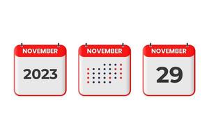 ícone de design de calendário de 29 de novembro. calendário de 2023, compromisso, conceito de data importante vetor
