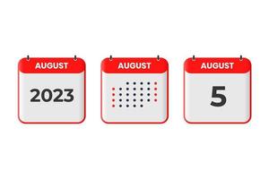 ícone de design de calendário de 5 de agosto. calendário de 2023, compromisso, conceito de data importante vetor