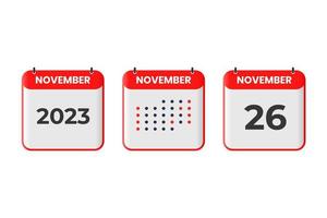 ícone de design de calendário de 26 de novembro. calendário de 2023, compromisso, conceito de data importante vetor
